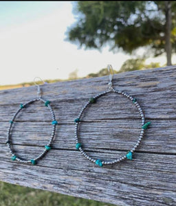 Silver Beaded Turquoise Hoops